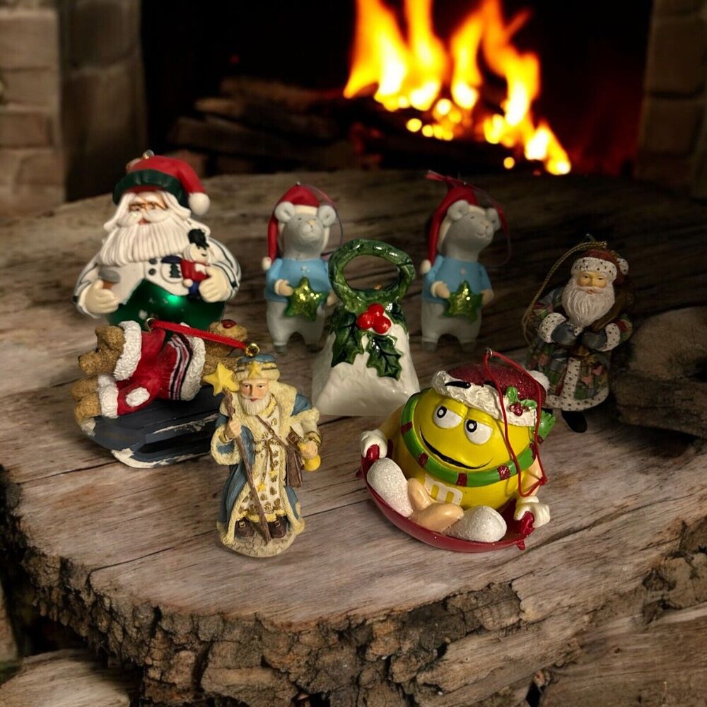 Vtg 8 Ornament LOT Lefton‎ Star Man M&M LANG CHRISTMAS ORNAMENT PATCHWORK SANTA
